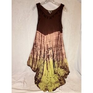 Step in Style Dress L Brown Yellow Tie Dye Rayon Handkerchief Hem Boho Beach